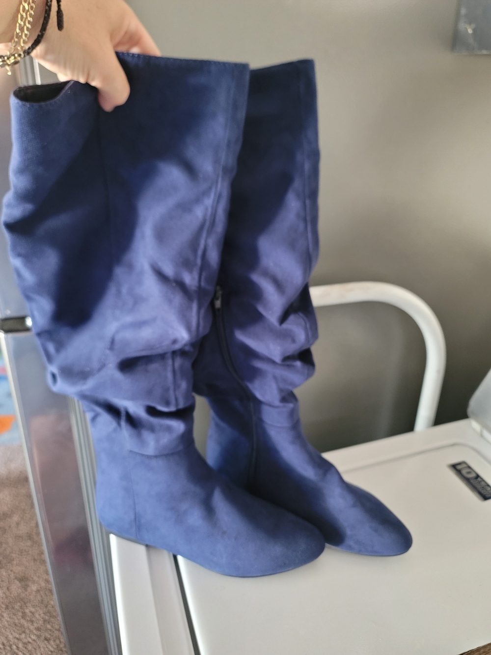 Women's Navy Slouch Knee-High Boots - Classic Suede Look